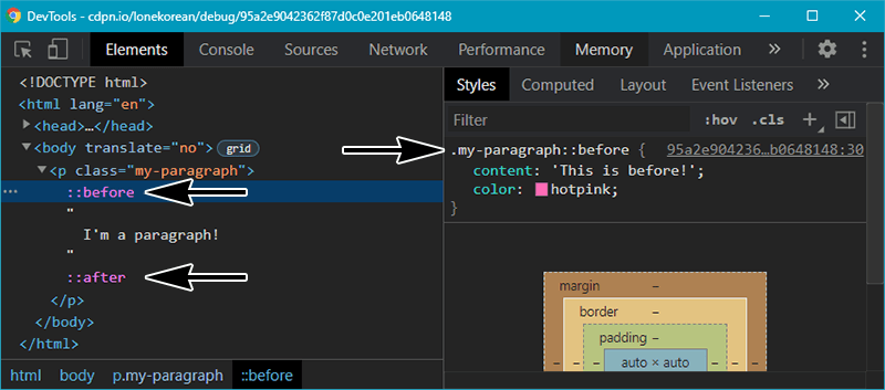 Pseudo-elements being displayed in the dev tools
