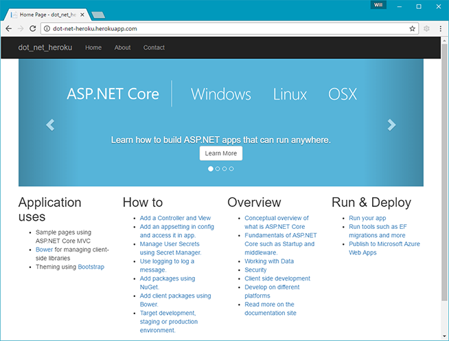 Chrome screenshot of a .NET Core web app running on Heroku