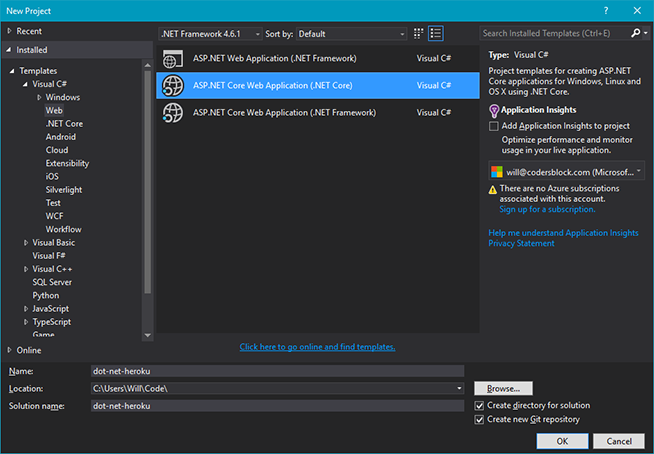Visual Studio new project dialog