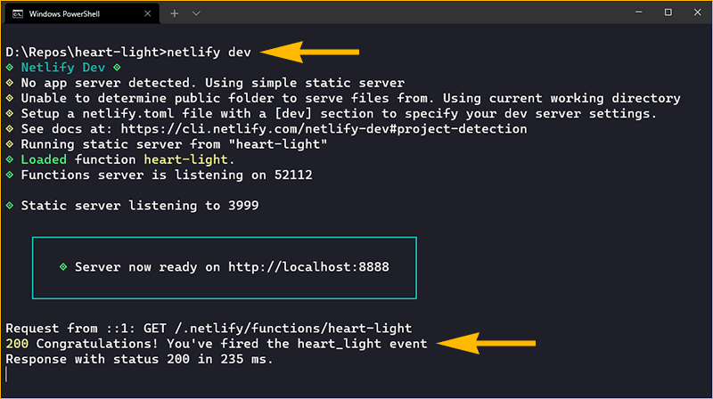 Netlify dev command line with logging