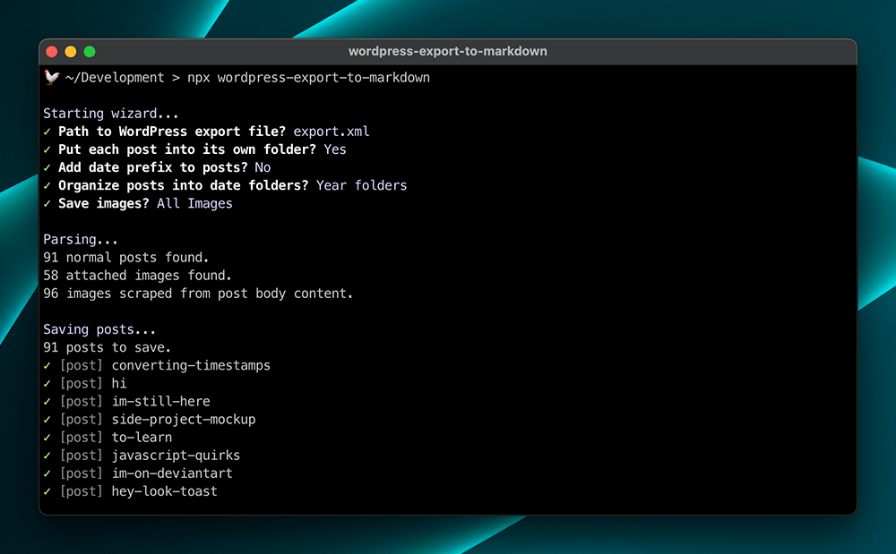 WordPress Export to Markdown v3 running in a terminal